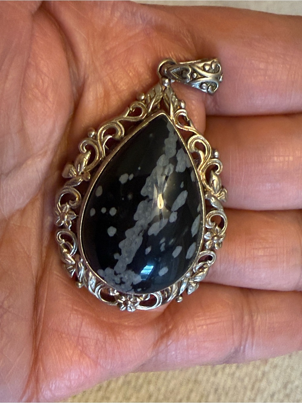 Silvertone Filigree Snowflake Obsidian Teardrop Pendant - Black and Gray